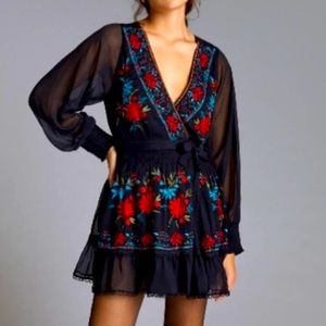 Anthropologie Not So Serious Embroidered Mini Wrap Dress NWT